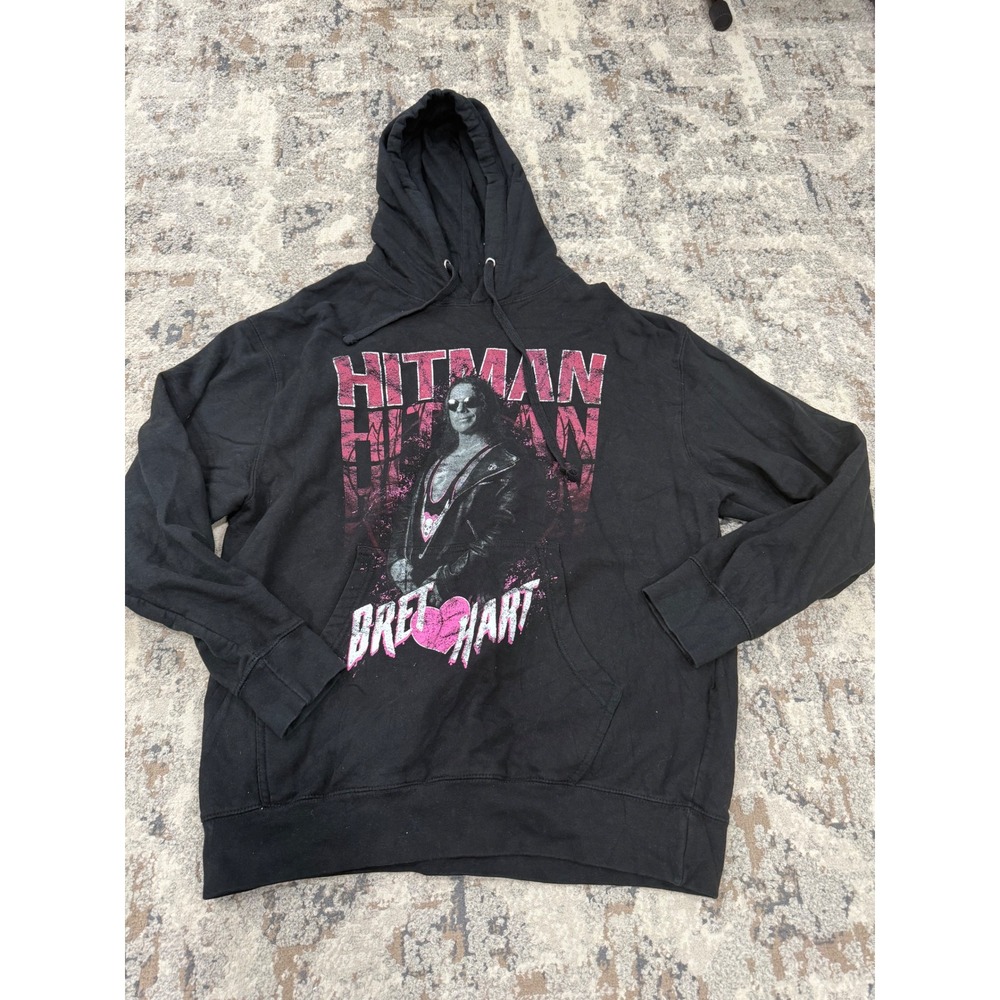 WWE‎ Authentic Bret Hart Hitman Hoodie Mens Large Black Pink Graphic Sweatshirt